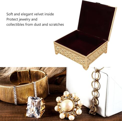 Rose Pattern Vintage Jewelry Box, Retro Rectangular Trinket Box Organizer Treasure Chest Box for Women Girls Ring Earrings Necklace Storage (Gold) in Saudi Arabia