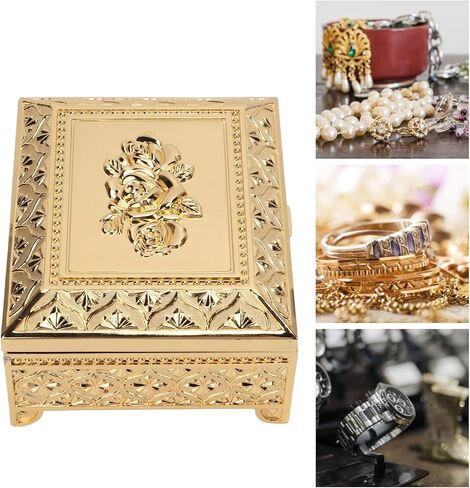 Rose Pattern Vintage Jewelry Box, Retro Rectangular Trinket Box Organizer Treasure Chest Box for Women Girls Ring Earrings Necklace Storage (Gold) in Saudi Arabia