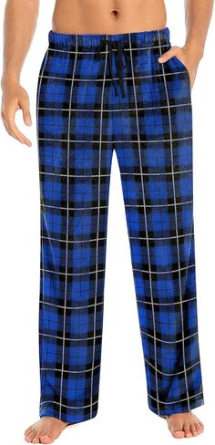 Mens Fuzzy Plaid Pajama Pants - Brushed Flannel Sleepwear with Drawstring & Pockets， Plaid & Print Pj Pants in Saudi Arabia