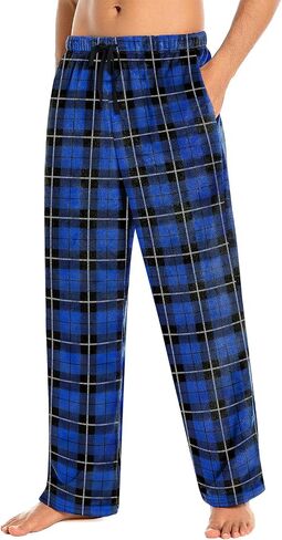 Mens Fuzzy Plaid Pajama Pants - Brushed Flannel Sleepwear with Drawstring & Pockets， Plaid & Print Pj Pants in Saudi Arabia