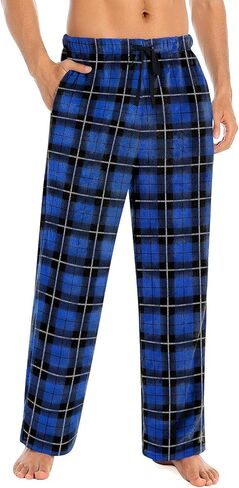 Mens Fuzzy Plaid Pajama Pants - Brushed Flannel Sleepwear with Drawstring & Pockets， Plaid & Print Pj Pants in Saudi Arabia