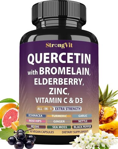 Quercetin مع Bromelain ، Elderberry ، فيتامين C ، D3 والزنك. ملحق دعم المناعة الفائقة. مجمع عضوي للرجال والنساء ، غير المعدلة وراثيا ، خالية من الغلوتين ، نباتي ، الولايات المتحدة الأمريكية in Kuwait