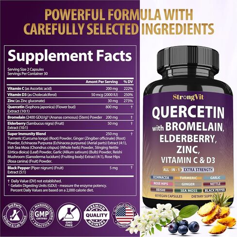 Quercetin مع Bromelain ، Elderberry ، فيتامين C ، D3 والزنك. ملحق دعم المناعة الفائقة. مجمع عضوي للرجال والنساء ، غير المعدلة وراثيا ، خالية من الغلوتين ، نباتي ، الولايات المتحدة الأمريكية in Kuwait