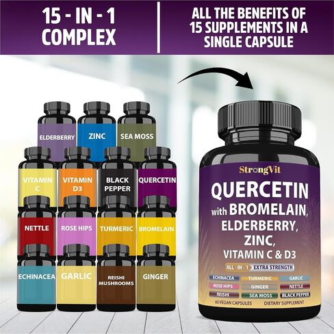 Quercetin مع Bromelain ، Elderberry ، فيتامين C ، D3 والزنك. ملحق دعم المناعة الفائقة. مجمع عضوي للرجال والنساء ، غير المعدلة وراثيا ، خالية من الغلوتين ، نباتي ، الولايات المتحدة الأمريكية in Kuwait