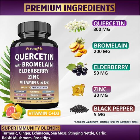 Quercetin مع Bromelain ، Elderberry ، فيتامين C ، D3 والزنك. ملحق دعم المناعة الفائقة. مجمع عضوي للرجال والنساء ، غير المعدلة وراثيا ، خالية من الغلوتين ، نباتي ، الولايات المتحدة الأمريكية in Kuwait