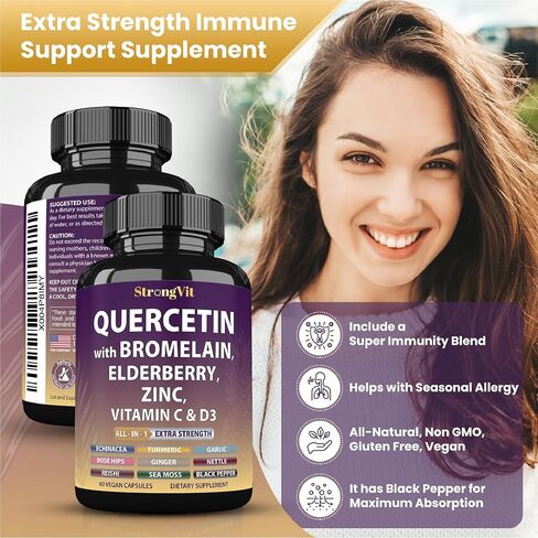 Quercetin مع Bromelain ، Elderberry ، فيتامين C ، D3 والزنك. ملحق دعم المناعة الفائقة. مجمع عضوي للرجال والنساء ، غير المعدلة وراثيا ، خالية من الغلوتين ، نباتي ، الولايات المتحدة الأمريكية in Kuwait