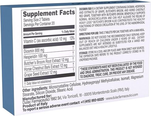 Dulàc - Diosmin 500 مع Horse Chestnut ، Butcher’s Brom و Red Grape & Hesperidin - ملحق غذائي - 40 قرصًا - مصنوع في إيطاليا in Kuwait