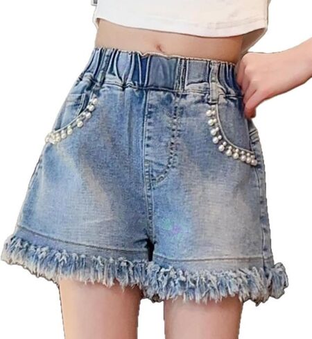 Elastic Waist Girl's Denim Shorts Frayed Casual Summer Shorts in Saudi Arabia