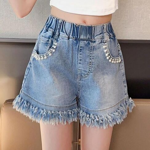 Elastic Waist Girl's Denim Shorts Frayed Casual Summer Shorts in Saudi Arabia