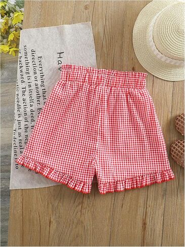 Girl's Gingham Shorts Elastic Waist Ruffle Hem Summer Casual Plaid Shorts in Saudi Arabia