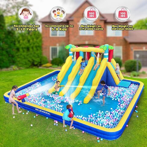 ELEMARA 20.66x16.4FT منزلق مائي قابل للنفخ للأطفال الكبار، حديقة مائية للأطفال في الفناء الخلفي مع مسبح كبير مزدوج الطبقة، 3 شرائح طويلة جدًا، جدار التسلق، 2 مدافع مياه، رش الماء، منفاخ هواء 750 وات in Kuwait