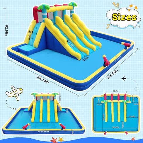 ELEMARA 20.66x16.4FT منزلق مائي قابل للنفخ للأطفال الكبار، حديقة مائية للأطفال في الفناء الخلفي مع مسبح كبير مزدوج الطبقة، 3 شرائح طويلة جدًا، جدار التسلق، 2 مدافع مياه، رش الماء، منفاخ هواء 750 وات in Kuwait