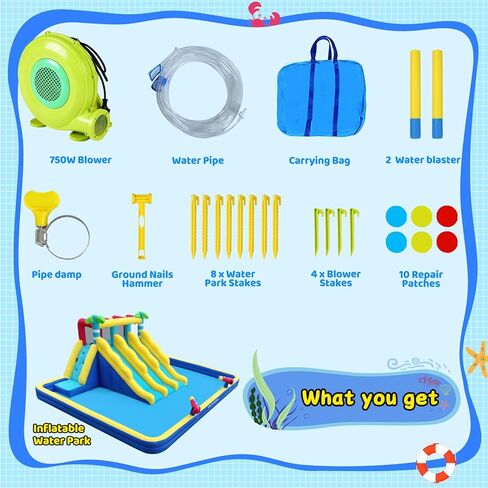 ELEMARA 20.66x16.4FT منزلق مائي قابل للنفخ للأطفال الكبار، حديقة مائية للأطفال في الفناء الخلفي مع مسبح كبير مزدوج الطبقة، 3 شرائح طويلة جدًا، جدار التسلق، 2 مدافع مياه، رش الماء، منفاخ هواء 750 وات in Kuwait