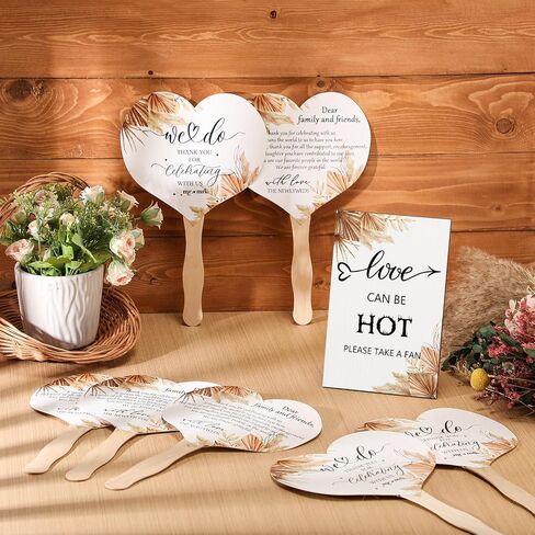 51 Pcs Wedding Fans for Guests Flower Wedding Favors 50 Flower Heart Wedding Paper Fans with Wood Handle, 1 Pcs Love Can Be Hot Wooden Wedding Table Sign Bridal Shower Favor in Saudi Arabia