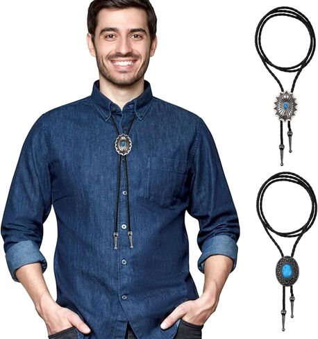 2 PCS Bolo Tie ، Vintage Necktie Round Forme Western Cowboy Oval Cool Retro Bola Tie Assume Assumeory for Men Women in Kuwait
