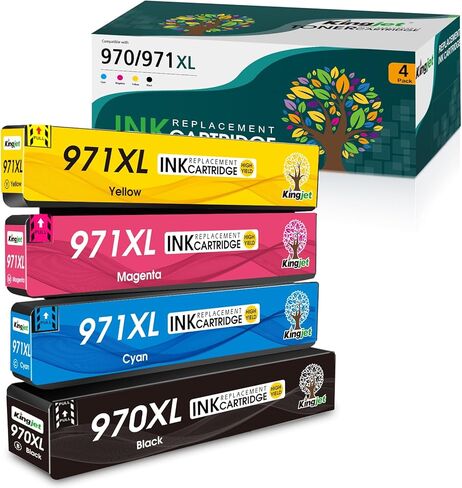 خراطيش حبر Kingjet 970XL 971XL لاستبدال HP لطابعات HP 970 971 970XL 971XL تعمل مع طابعات Officejet Pro X576dw X451dn X451dw X476dw X476dn X551dw، 4 عبوات (أسود، سماوي، أرجواني، أصفر) in Kuwait