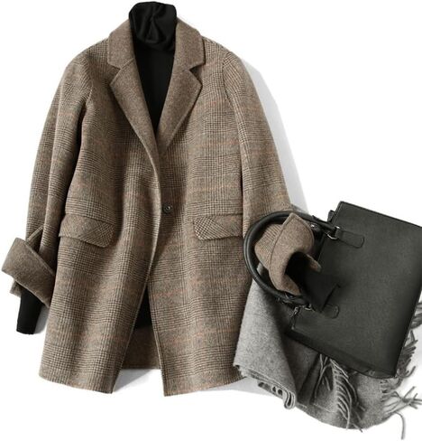 Womens Wool Trench Coats Autumn Winter Wool Plaid Coat Mid-Length Woolen Overcoat Jackets Outwear in Saudi Arabia