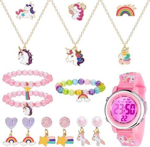 Newitin Girls Watch Jewelry مجموعة قلادات حلقات حلقات حلقات أساور على الأقراط على أقراط متعددة الوظائف للرياضة الرقمية الختوفية 3D Wathorn Watch For Girls 3-10 سنوات أطفال in Saudi Arabia