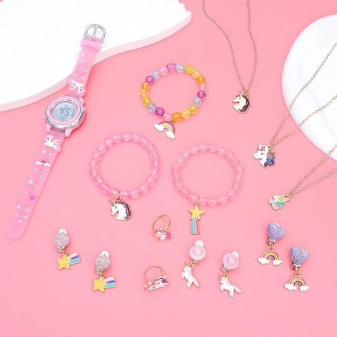 Newitin Girls Watch Jewelry مجموعة قلادات حلقات حلقات حلقات أساور على الأقراط على أقراط متعددة الوظائف للرياضة الرقمية الختوفية 3D Wathorn Watch For Girls 3-10 سنوات أطفال in Saudi Arabia