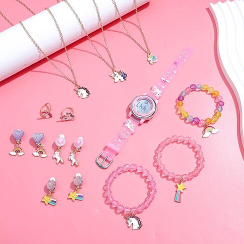 Newitin Girls Watch Jewelry مجموعة قلادات حلقات حلقات حلقات أساور على الأقراط على أقراط متعددة الوظائف للرياضة الرقمية الختوفية 3D Wathorn Watch For Girls 3-10 سنوات أطفال in Saudi Arabia