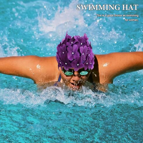 POPETPOP Flower Swim Cap - Floral Retro Swim Cap for Women, Funny Swim Cap for Long, Short Hair, Sport Swim Cap for Swimming Pool, Beach, Vacation(Purple) in Saudi Arabia
