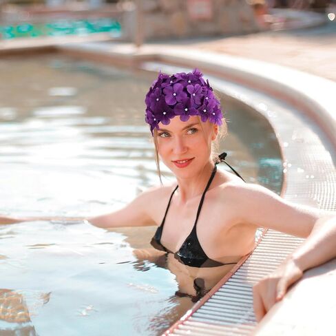 POPETPOP Flower Swim Cap - Floral Retro Swim Cap for Women, Funny Swim Cap for Long, Short Hair, Sport Swim Cap for Swimming Pool, Beach, Vacation(Purple) in Saudi Arabia