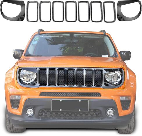 حشوات الشواية الأمامية، حشوات الشبكة وحواف المصابيح الأمامية، غطاء الكسوة لسيارة Jeep Renegade 2019+ (أسود) in Saudi Arabia
