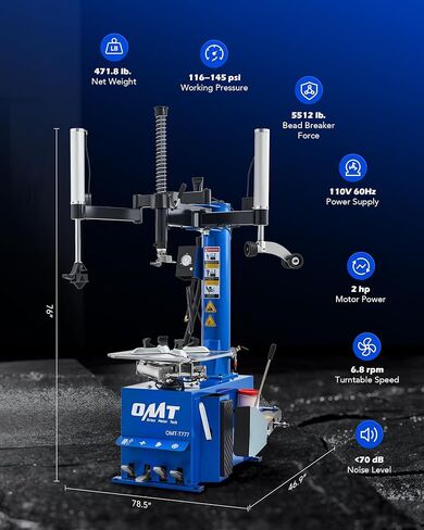 Orion Motor Tech Electric Tyre Changer Machine ، آلة تغيير الإطارات المزدوجة ARM ARM لشاحنة سيارات الدفع الرباعي سيارات الدفع الرباعي ، آلة إزالة الإطارات التلقائي لـ 41.3in dia مع قاطع حبة ومقياس ضغط in Kuwait