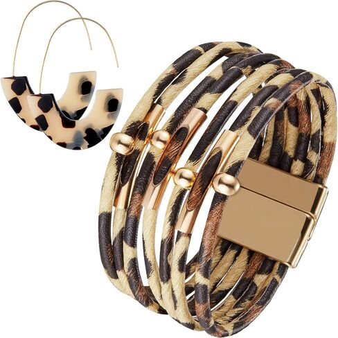 Hicarer Leopard Bracelets و Actor Acks Cheetah Jewelry Tortoise Shell أقراط متعددة الطبقات من الجلد الالتفاف الملحقات البوهو (Beige) in Saudi Arabia