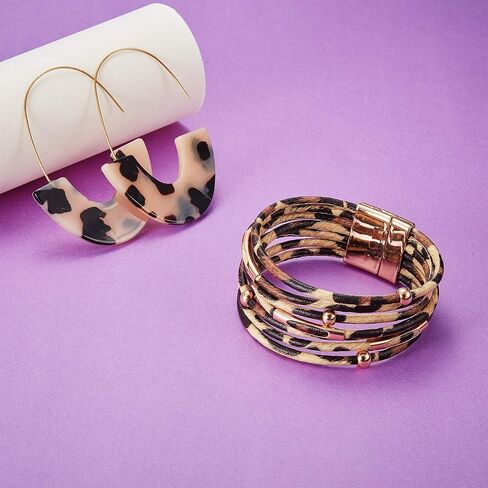 Hicarer Leopard Bracelets و Actor Acks Cheetah Jewelry Tortoise Shell أقراط متعددة الطبقات من الجلد الالتفاف الملحقات البوهو (Beige) in Saudi Arabia