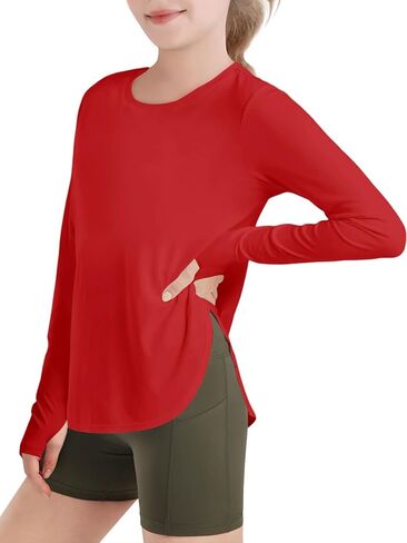 Haloumoning Girls Athletic Long Sleeve Shirts Kids Side Slit Quick Dry Workout Tops Tees with Thumb Hole 5-14 Years in Saudi Arabia