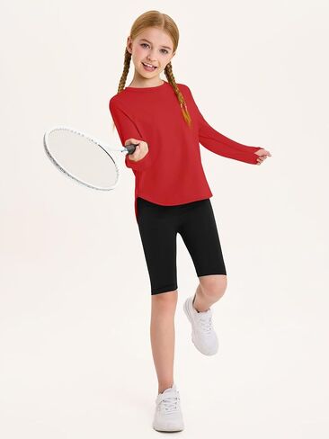 Haloumoning Girls Athletic Long Sleeve Shirts Kids Side Slit Quick Dry Workout Tops Tees with Thumb Hole 5-14 Years in Saudi Arabia