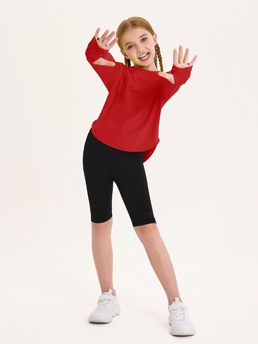 Haloumoning Girls Athletic Long Sleeve Shirts Kids Side Slit Quick Dry Workout Tops Tees with Thumb Hole 5-14 Years in Saudi Arabia