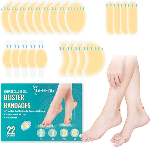 Hydrocolloid Gel Blister Bandages for Feet, Waterproof Adhesive Heel Protectors, Toe, Ball of Foot, Bunion Pain Relief, Long-Lasting Blister Cushions Pads for Prevention & Recovery (22 Count) in Kuwait