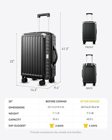 LUGGEX Carry On Luggage 22x14x9 Airline Approved, PC Expandable Hard Shell Suitcases with Spinner Wheels, 20 Inch, Charcoal Metallic in Saudi Arabia