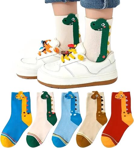5Pairs Boys Crew Socks Funny Cartoon Dinosaur Cotton Crazy Socks for Kids in Kuwait