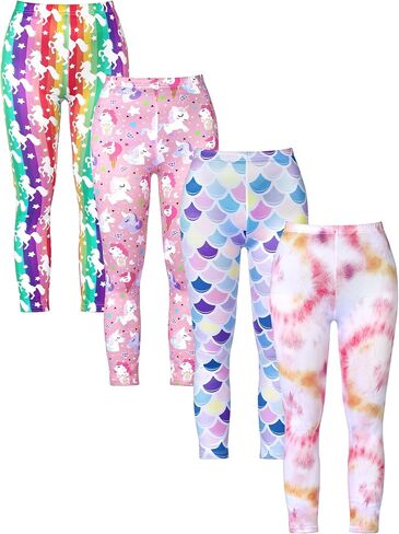 4 Pack Girls Leggings Soft Stretchy Printed Pants for Kids 8-12 Years Tie-dye Rainbow Unicorn, Pink Unicorn & Scale Patterns Ankle Length Athletic Yoga Pants in Saudi Arabia