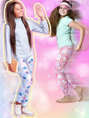 4 Pack Girls Leggings Soft Stretchy Printed Pants for Kids 8-12 Years Tie-dye Rainbow Unicorn, Pink Unicorn & Scale Patterns Ankle Length Athletic Yoga Pants in Saudi Arabia