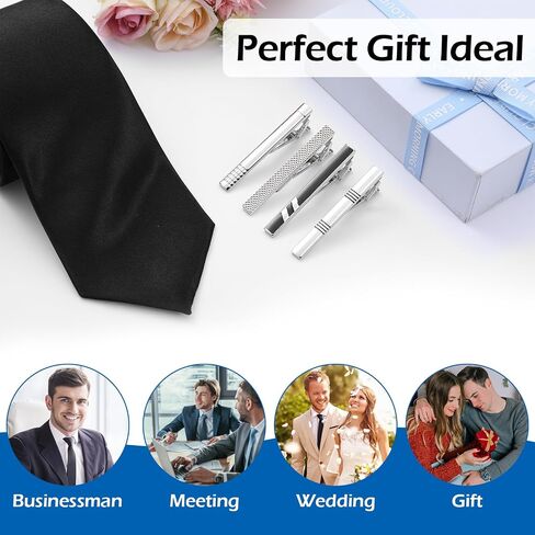 4 PCS Tie Dins for Men Simple Tie Bar Black and Silve Tie Clip Dins for Daily Cloy و Clof Clip Clip للارتداء اليومي والاحتفال بالزفاف والمناسبات التجارية والخيار الأول للهدايا in Saudi Arabia