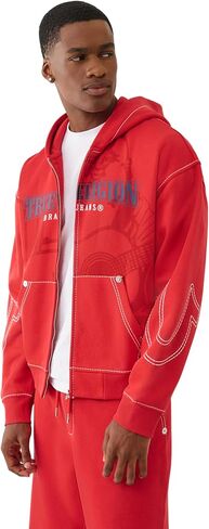 True Religion Men's Cinched Big T Zip UP Hoodie – Full Zip Sweatshirt with Contrast Stitching in Kuwait