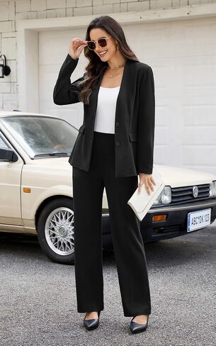 Women's 2 Piece Suits Business Casual Outfits Straight Wide Leg Pants Suits Professional Office Work Outfits in Kuwait