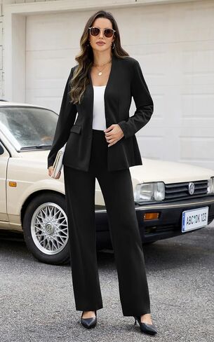 Women's 2 Piece Suits Business Casual Outfits Straight Wide Leg Pants Suits Professional Office Work Outfits in Kuwait
