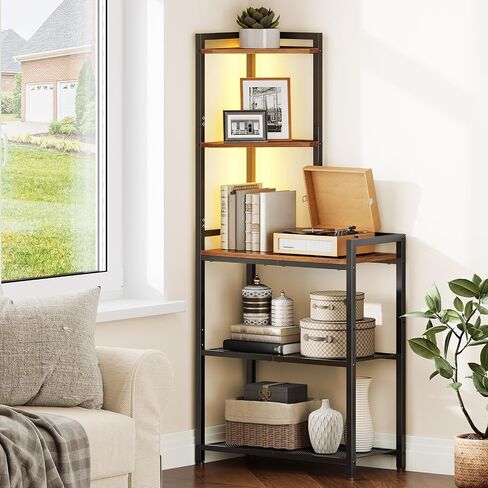 HOOBRO 5-Tier Corner Shelf Stand, Corner Shelf with LED Light, 56.3" Tall Corner Bookshelf, Display Rack Storage Organizer with Table, for Small Spaces, Living Room, Entryway, Rustic Brown BF69DCJ01 in Saudi Arabia