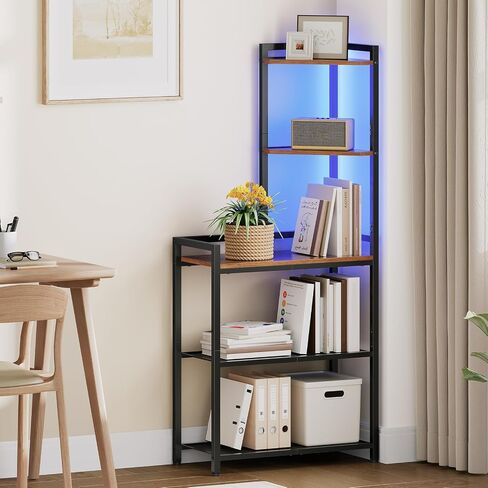 HOOBRO 5-Tier Corner Shelf Stand, Corner Shelf with LED Light, 56.3" Tall Corner Bookshelf, Display Rack Storage Organizer with Table, for Small Spaces, Living Room, Entryway, Rustic Brown BF69DCJ01 in Saudi Arabia