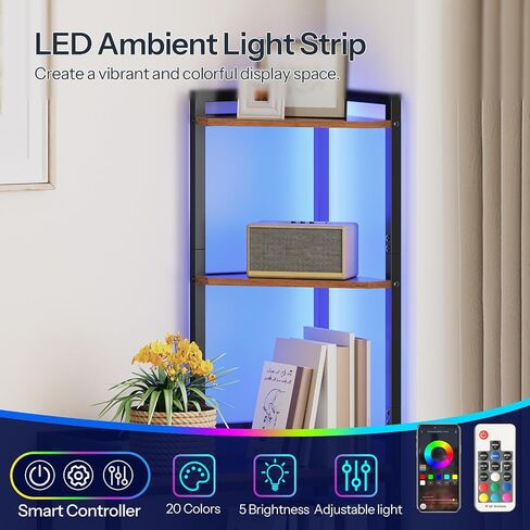 HOOBRO 5-Tier Corner Shelf Stand, Corner Shelf with LED Light, 56.3" Tall Corner Bookshelf, Display Rack Storage Organizer with Table, for Small Spaces, Living Room, Entryway, Rustic Brown BF69DCJ01 in Saudi Arabia