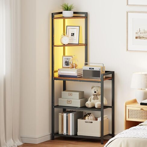 HOOBRO 5-Tier Corner Shelf Stand, Corner Shelf with LED Light, 56.3" Tall Corner Bookshelf, Display Rack Storage Organizer with Table, for Small Spaces, Living Room, Entryway, Rustic Brown BF69DCJ01 in Saudi Arabia