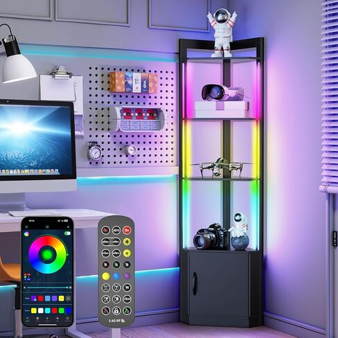 رف زاوية 5 مستويات مع ضوء RGB LED ، خزانة شاشة طويلة 65 بوصة مع التخزين ، والتحكم عن بُعد وتطبيق ، وسطوع قابلة للتعديل/درجة حرارة اللون ، ومصباح أرضي مع أرفف لغرفة غرفة المعيشة (أسود) in Kuwait