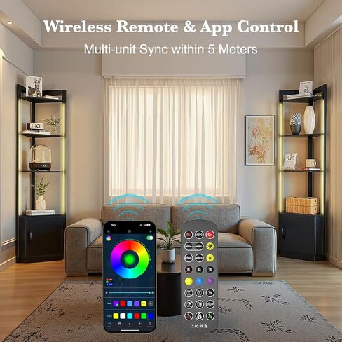 رف زاوية 5 مستويات مع ضوء RGB LED ، خزانة شاشة طويلة 65 بوصة مع التخزين ، والتحكم عن بُعد وتطبيق ، وسطوع قابلة للتعديل/درجة حرارة اللون ، ومصباح أرضي مع أرفف لغرفة غرفة المعيشة (أسود) in Kuwait