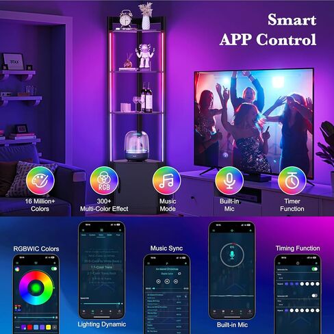 رف زاوية 5 مستويات مع ضوء RGB LED ، خزانة شاشة طويلة 65 بوصة مع التخزين ، والتحكم عن بُعد وتطبيق ، وسطوع قابلة للتعديل/درجة حرارة اللون ، ومصباح أرضي مع أرفف لغرفة غرفة المعيشة (أسود) in Kuwait