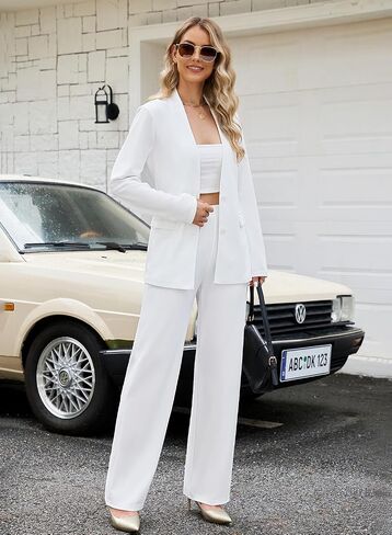 Women's 2 Piece Suits Business Casual Outfits Straight Wide Leg Pants Suits Professional Office Work Outfits in Kuwait